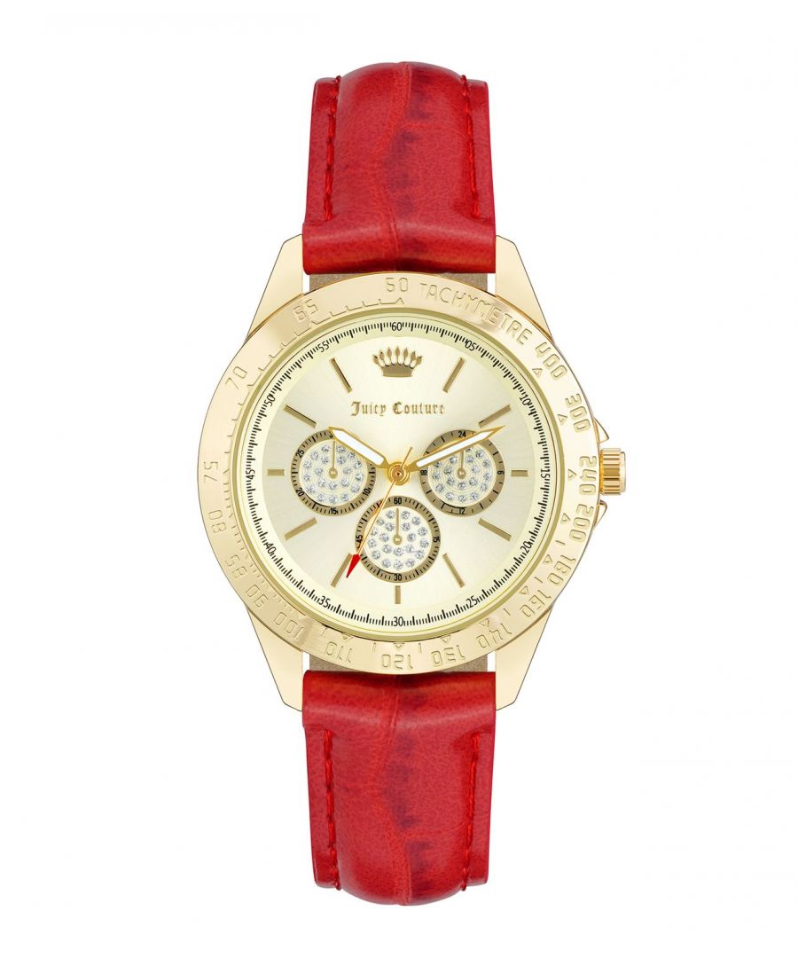 Juicy Couture Watch JC/1220GPRD\nGender: Women\nMain color: Gold\nClockwork: Quartz: Battery\nDisplay format: Analog\nWater resistance: 0 ATM\nClosure: Pin Buckle\nFunctions: No Extra Function\nCase color: Gold\nCase material: Metal\nCase width: 38\nCase length: 38\nFacing: Rhine Stone\nWristband color: Red\nWristband material: Leatherette\nStrap connecting width: 18\nWrist circumference (max.): 23\nShipment includes: Watch box\nStyle: Fashion\nCase height: 9\nGlass: Mineral Glass\nDisplay color: Creme\nPower reserve: No automatic\nbezel: none\nWatches Extra: None