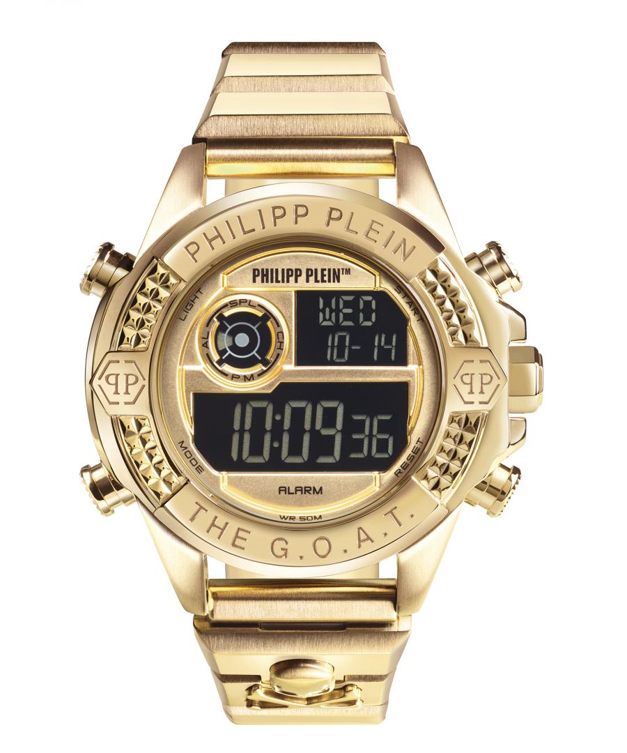 This Philipp Plein The G.o.a.t. Digital Watch for Unisex is the perfect timepiece to wear or to gift. It's Gold 44 mm Round case combined with the comfortable Gold Stainless steel watch band will ensure you enjoy this stunning timepiece without any compromise. Operated by a high quality Quartz movement and water resistant to 5 bars, your watch will keep ticking. The digital movement of this watch immediately confers a hyper sporty, bold, contemporary urban look. -The watch has a calendar function: Day-Date, Stop Watch, Alarm, Light High quality 20 cm length and 22 mm width Gold Stainless steel strap with a Fold over with push button clasp Case diameter: 44 mm,case thickness: 16 mm, case colour: Gold and dial colour: Gold