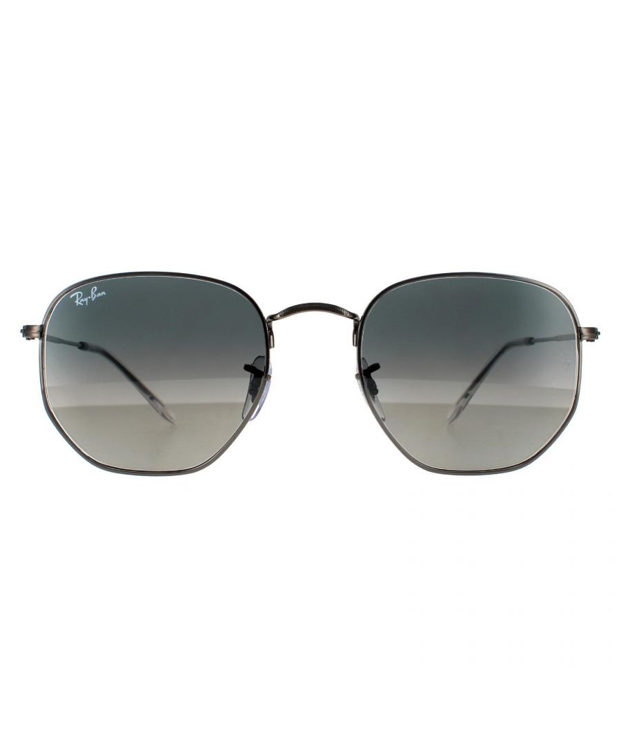 Ray-Ban Sunglasses Hexagonal RB3548N 004/71 Gunmetal Dark Grey Gradient are a very unique hexagonal shaped frame and feature the latest flat crystal lenses for a updated version of the classic metal round sunglasses. Super thin temples and coined profile to the frame finish the modern fashionable look.