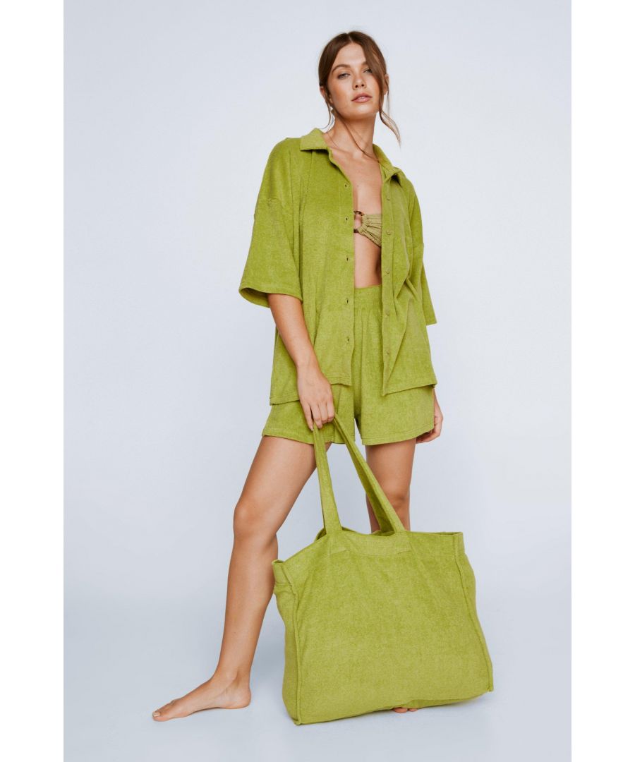 NastyGal Womens Towelling Shirt and Shorts 4 Piece Cover Up Set - Olive Cotton - Size 4 UK