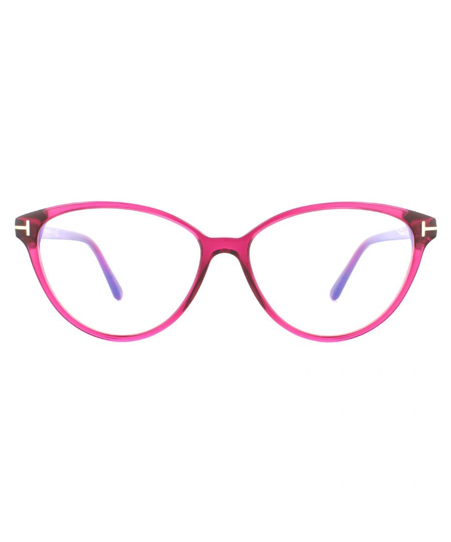 Tom Ford Glasses Frames FT5545-B 075 Dark Pink Crystal Women  are a soft cat eye design crafted from lightweight acetate and feature the signature Tom Ford T logos on the temples. The 5545B are ready to wear with blue light block lenses to prevent and relieve eye strain caused by long exposure to digital devices.