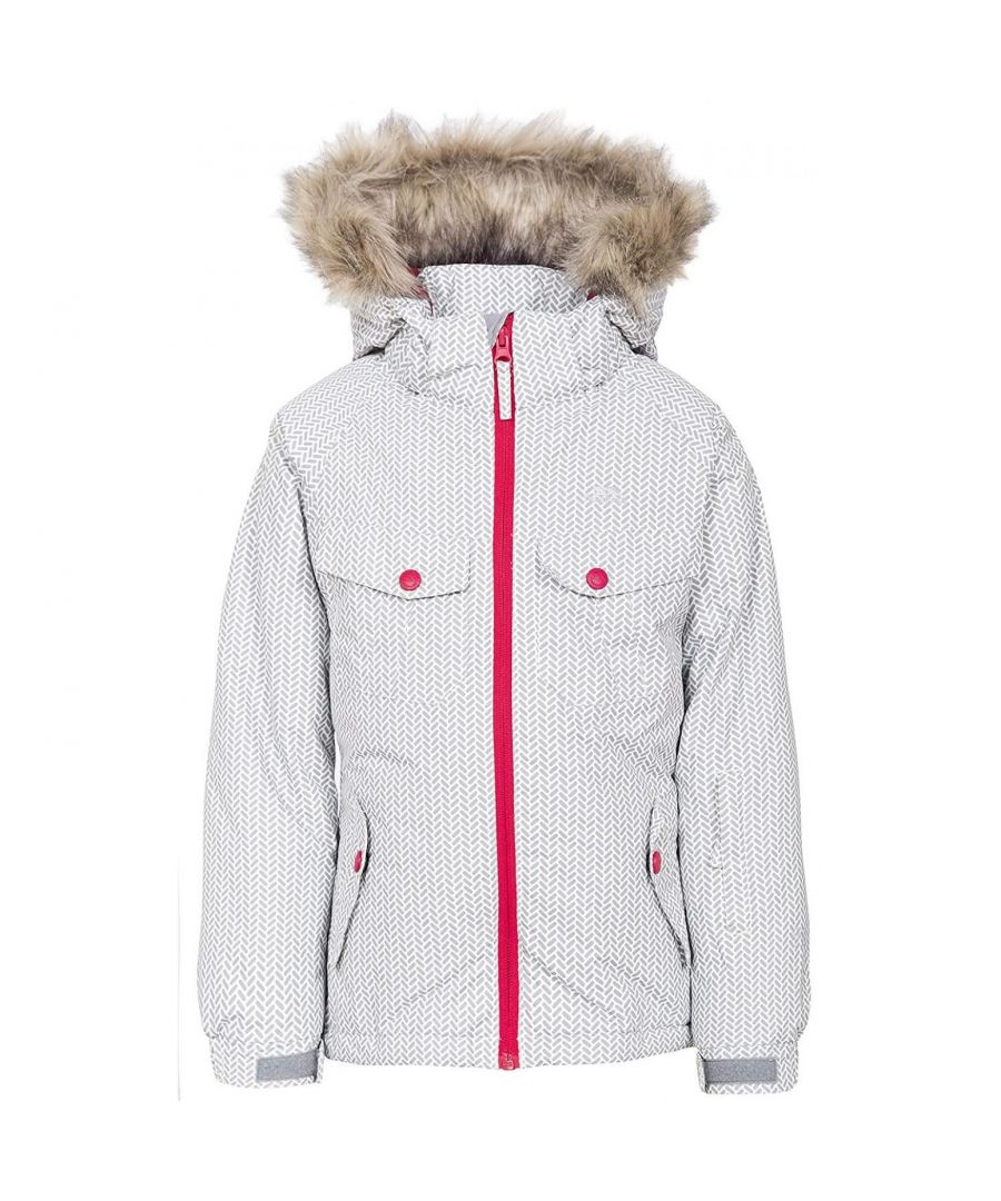 Girls padded jacket with 4 pockets and 1 sleeve zip pocket. Elasticated cuffs with touch fastening strap.  Detachable stud off hood with faux fur. Taped seams. Weatherproof, with coldheat insulation. Hem drawcord. Ideal for skiing, and for wearing outside on a cold day. Shell: 100% Polyester Taslan. Lining: 100% Polyester. Filling: 100% Polyester.