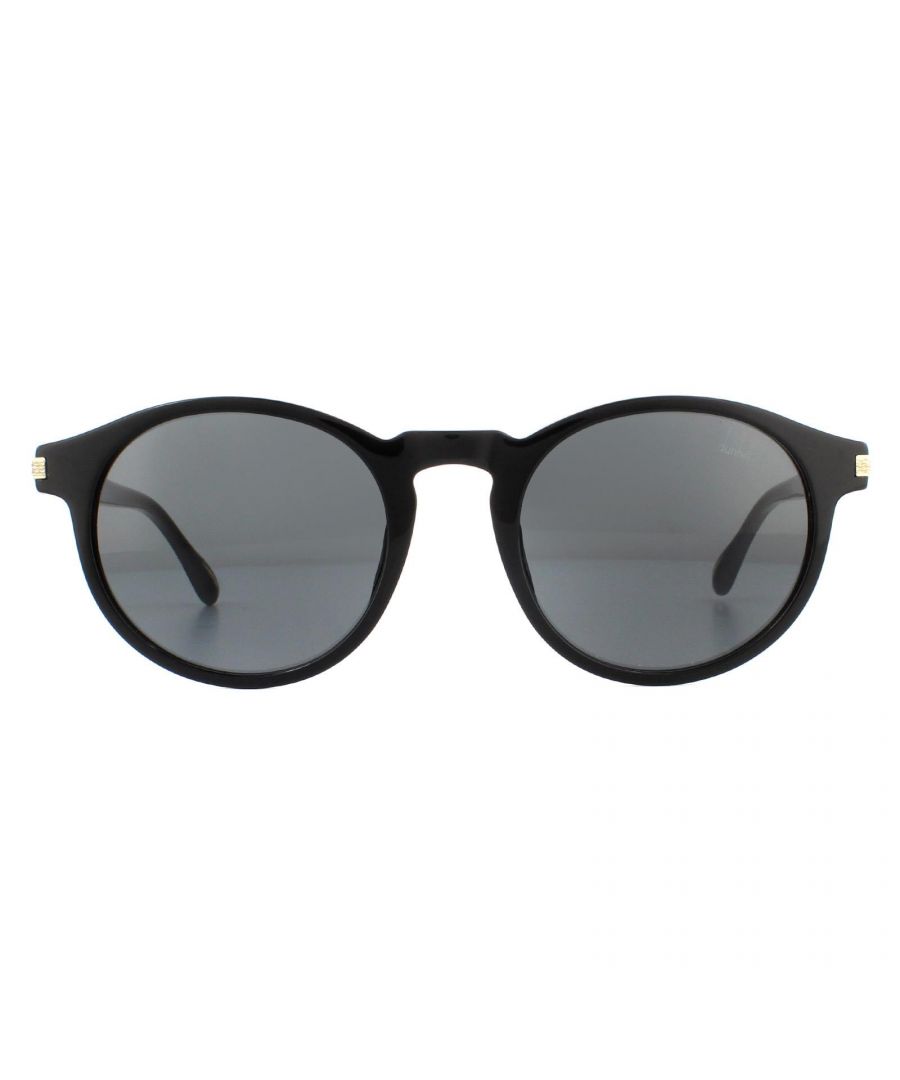 Dunhill Sunglasses SDH195M 700P Shiny Black Smoke Grey Polarized are a round shape with a vintage feel and keyhole bridge, textured metal hinges and the Dunhill logo etched into the lens.