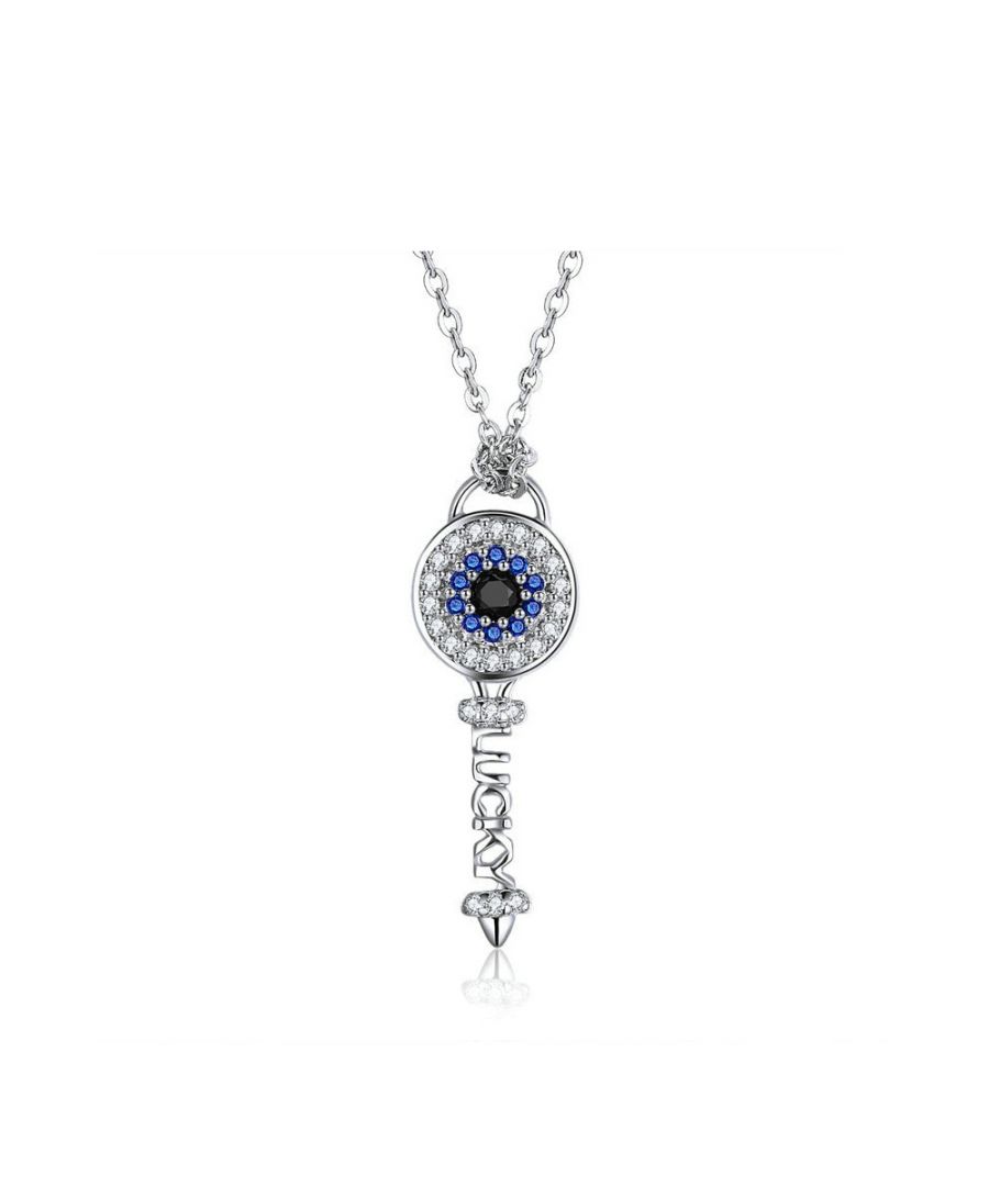 Ketting met hanger in de vorm van een 'Lucky'-sleutel met wit en blauw kristal van Swarovski en 925 zilver. Vorm: sleutel en 'lucky'. Frame: zilver (925/1000) Swarovski-kristal Kleur: Wit Afmetingen: 2,6 x 0,9 cm. Lengte van de ketting: 44 cm.