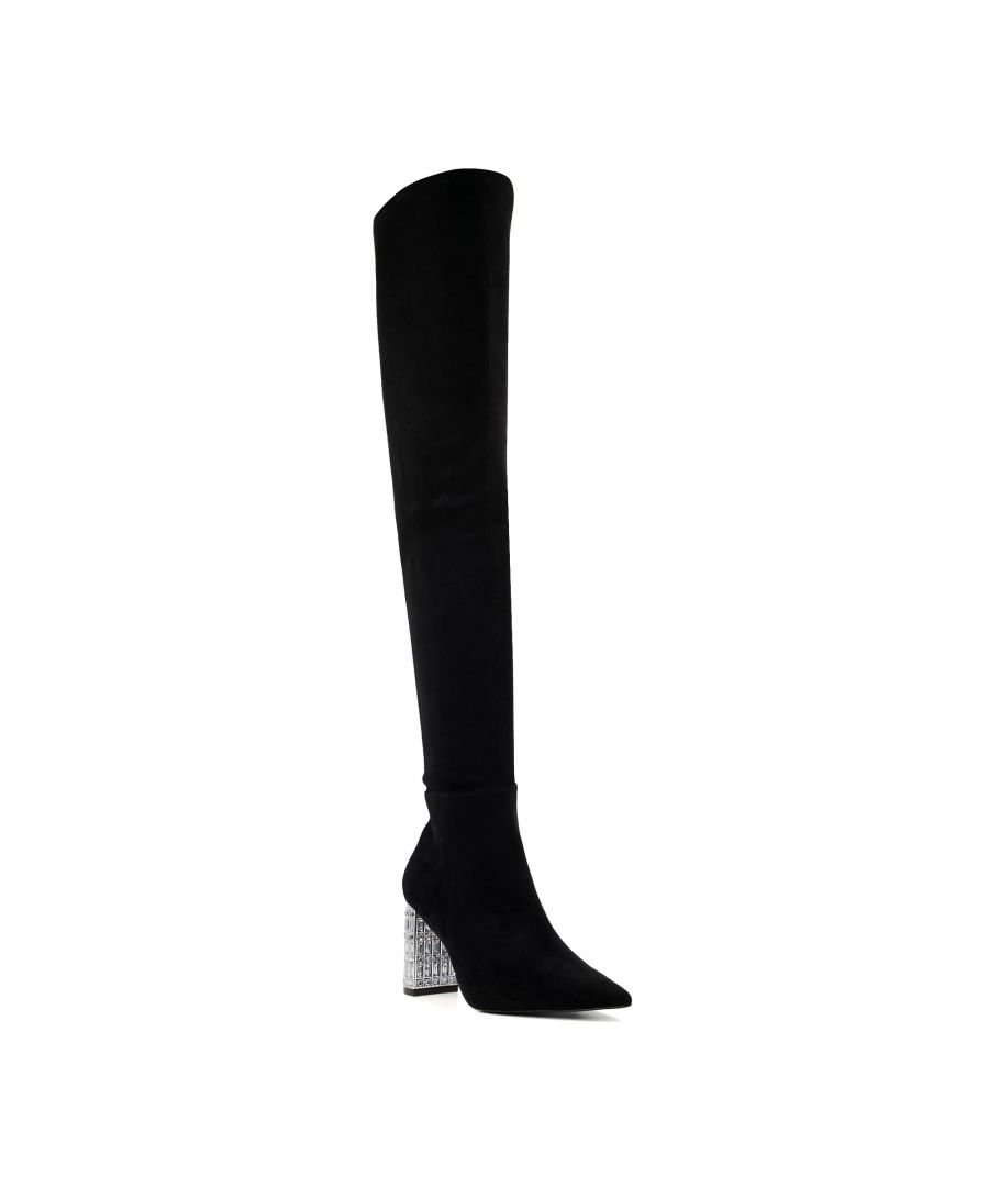 Meet your new favourite evening style, our Superstar over-the-knee boots. Designed with high-fashion appeal, we've exclusively embellished the mid-block-heel with sparkling diamante adornments for the ultimate style statement.