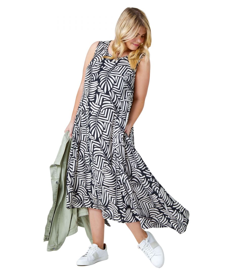 Roman Curve Womens Leaf Print Midi Summer Dress - Black - Size 18 UK - Secret Sales