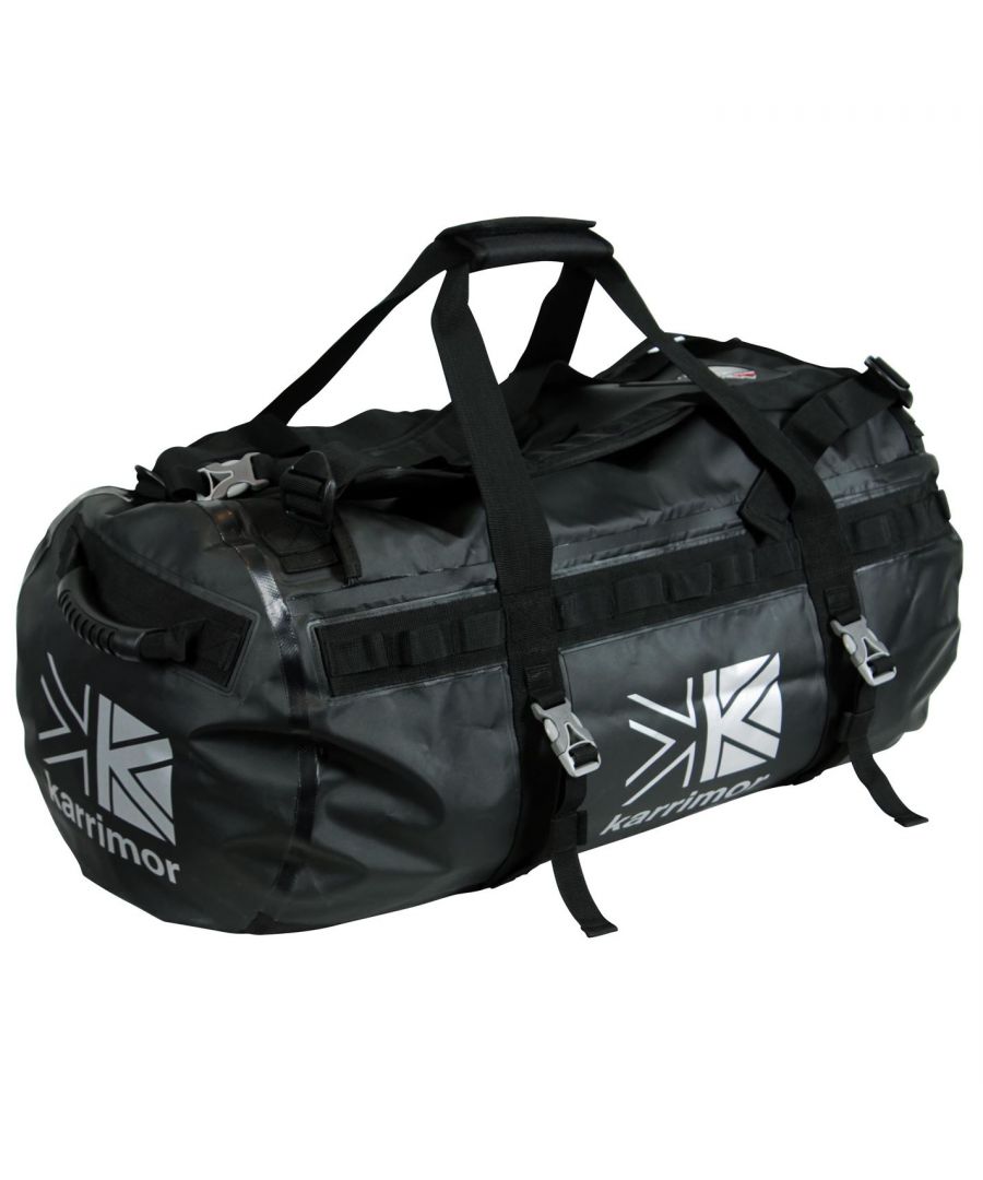 Karrimor 90L Duffle Bag The Karrimor 90L Duffle Bag is ideal for weekend trips away with a lockable zip for better security and a spacious main compartment with 90L of space. Two padded carry handles and an adjustable carry strap allow for easy transportation. This holdall also comes with large reflective print of the Karrimor logo to the front and sides of the bag. > Duffle bag > Side handles > Padded carry handles > Adjustable padded shoulder strap > 90L main compartment > Lockable zip > Name card holder > Reflective Karrimor logo > Internal zipped mesh pocket > Welded seam > H32 x W72 x D39cm (approx)