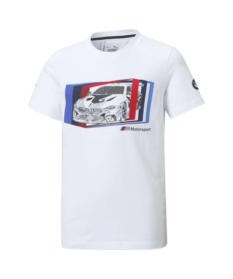Made for speed freaks and motorsport fanatics in the making, this dynamic tee showcases an eye-catching, hand-drawn automobile graphic in a 3D cube in BMW M Motorsport colours across the chest. A plethora of branding details on the front, sleeves and interior add the finishing touches to this full-throttle design. DETAILS Regular fitHand-drawn BMW M8 GTE graphic at chest///M Motorsport wording at left chestBMW M Motorsport badge at left sleevePUMA Cat Logo print at right sleeveBMW M Motorsport woven inner labelKnitted material100% BCI cotton