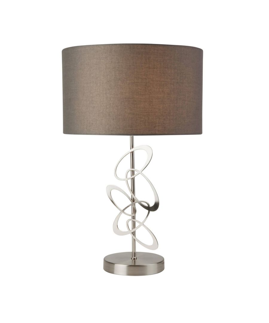Contemporary Table Lamp with a grey fabric shade and finished in satin chrome\n\nElegant and sophisticated, the Cabrini Table Lamp is a lovely piece, exclusive to Pagazzi. Boasting a classy satin chrome lamp base with an unusual and stylish disc detailing, this table lamp is complete with a grey fabric shade. This versatile table lamp is ideal as a feature lamp in any living room or hallway or as bedside table lighting.\n\nHeight: 52cm  \nDiameter: 33cm  \nMaximum Wattage: 60w  \nLight Bulb: 1 x E27 Light Bulb (Not Included)
