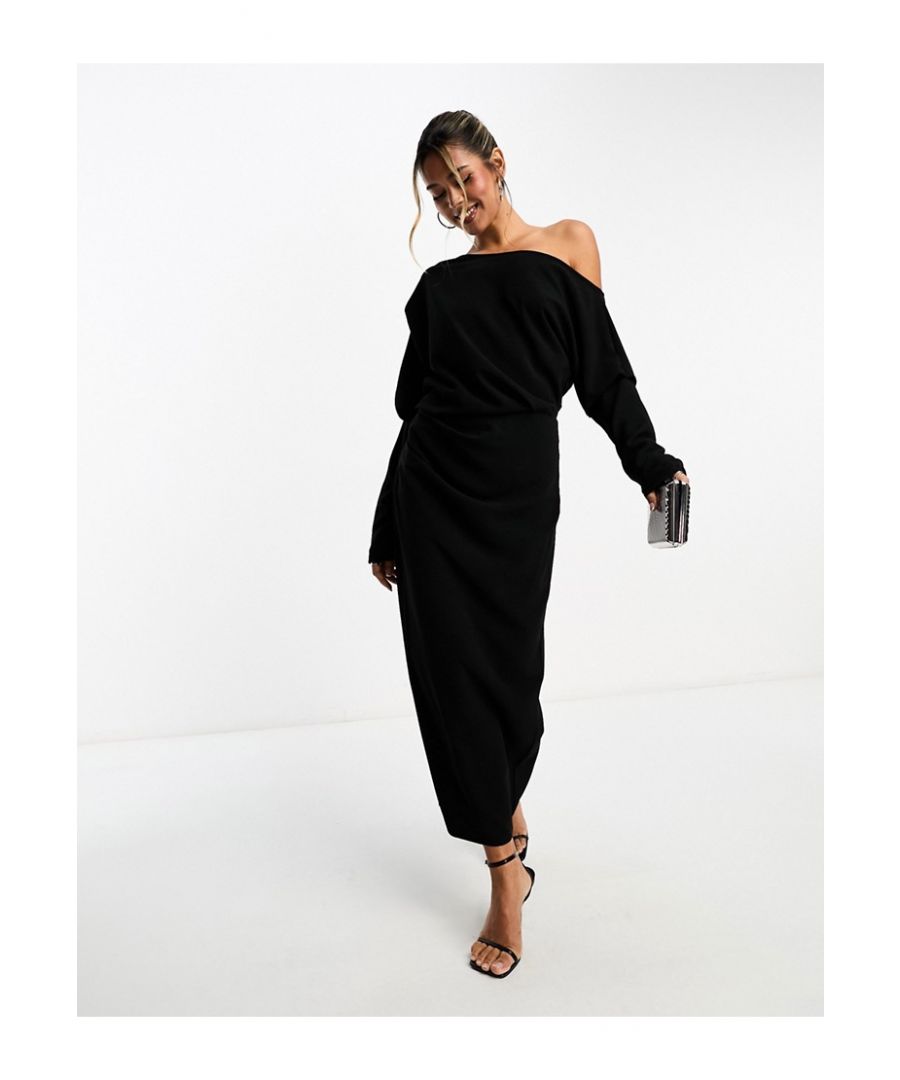 Asos Design Womens Slouchy Fallen Shoulder Midi Dress In Black - Size 6 Uk