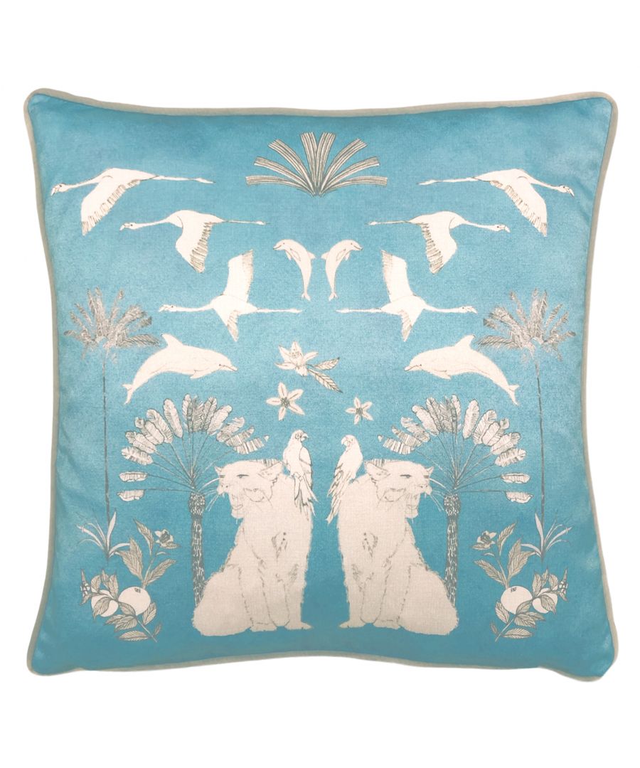 Inspired by the colony palm beach hotel and the indigenous Florida wildlife, pink paradise is a homage to 1940's glamour, the iconic blue interlaced with shades of greige, green and off white create a tranquil, chic cushion. The reverse is a soft velvet grey, so you get two looks in one! Coordinate with Colony Palm Duvet Cover Set.
