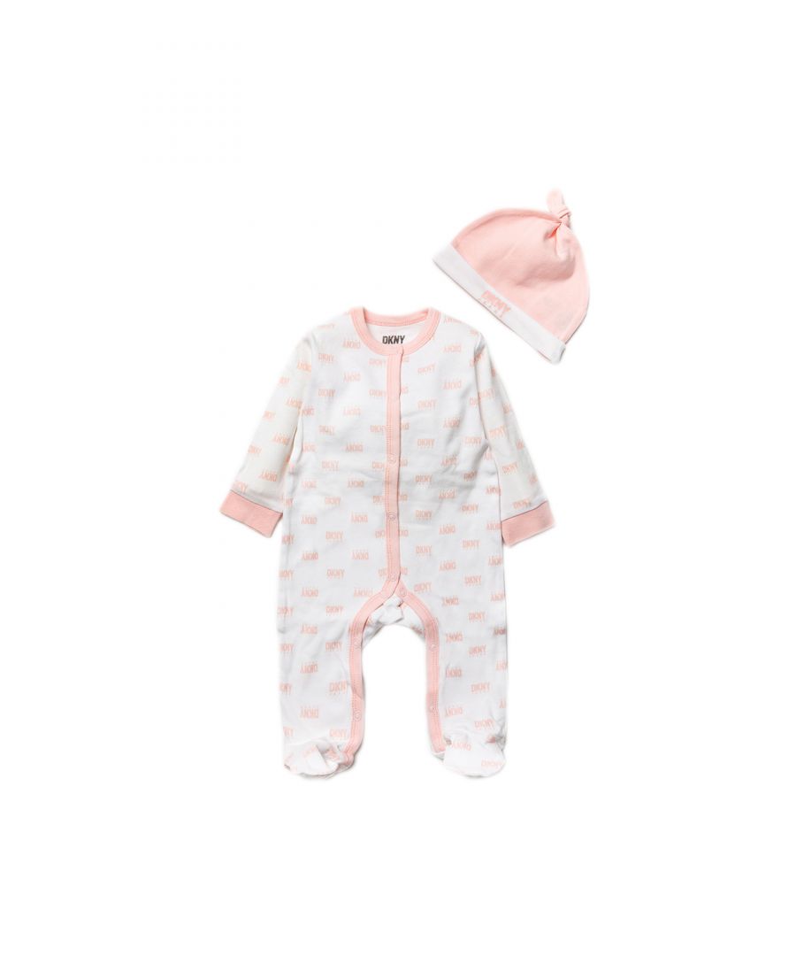 This adorable DKNY Jeans two-piece set includes a printed sleepsuit, and a matching hat with the DKNY Jeans logo. The set is cotton, with popper fastenings, keeping your little one comfortable. This would make a sweet gift for the little one in your life!