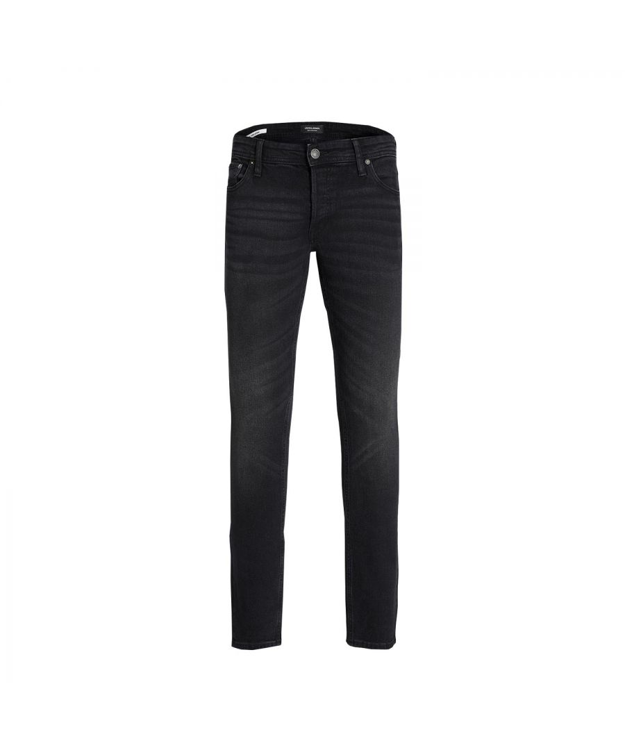 Men's Denim Jeans, Jack & Jones Glenn Original, Slim fit, Black Denim\n\nWe’re tripping over this pair of washed blue jeans that is a versatile style needed in every man’s wardrobe. This pair of slim-fit jeans will come to the rescue when you feel like sporting denim on a denim look. They offer a good amount of stretch and comfort required to keep you at ease from day to night. No matter the occasion, this pair of jeans will look good with just about anything.\n\nSlim Fit Glenn: Glenn is an updated slim fit with a tapered leg. The fit is narrow and leans through the thigh without feeling tight, and it always comes with stretch. Glenn is for the guy who likes his jeans slim, not skinny.\n\nFox Styling: Fox is the upbeat cousin to classic five-pocket jeans. It’s got all the standard features, but the design and details are a little more playful; the front pockets are slanted, the back pockets are pointy, and it’s got a square rivet on the coin pocket.\n\nFeatures:\nSlim-fit jeans for a rough rock ‘n’ roll look\nFive-pocket style with a modern look\nStretchy denim for maximum comfort\nA denim essential with a worn look\n\nSpecifics:\nMaterial: 77% cotton, 22% polyester, 1% elastane\nProduct Code: 12223600\n\nWashing Instruction:\n40°C coloured wash\nMild drying processes\nHang Dry\n\nIron Temp: Iron at a moderate temperature\n\nNote: Do not bleach, Dry clean (no trichloroethylene)\n\nPackage Includes: Jack & Jones Glenn Original Slim-fit Jeans