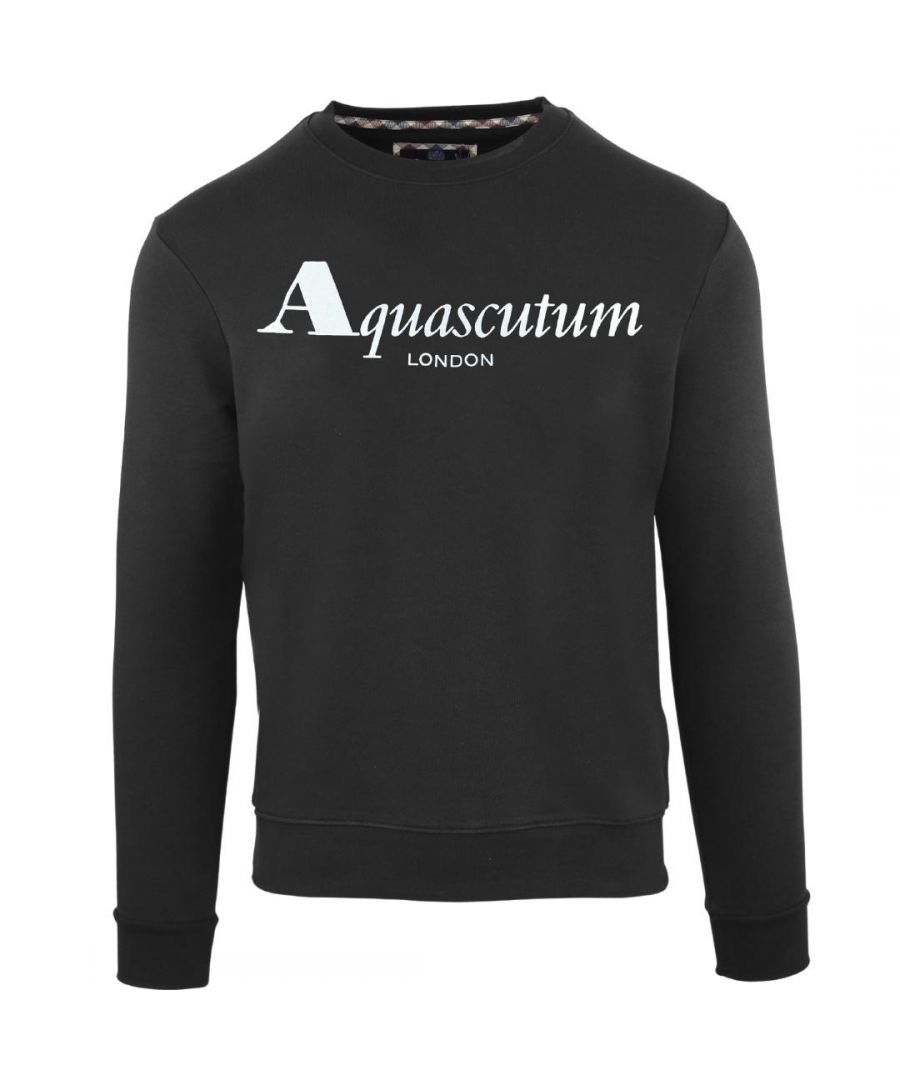 Aquascutum Bold London Logo zwart sweatshirt. Zwarte Aquascutum-trui. Elastische kraag, mouwuiteinden en taille. Trui van 100% katoen. Normale pasvorm, valt normaal qua maat. Stijlcode: FGIA31 99