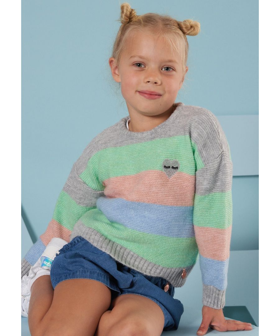 Colder weather calls for a super cosy jumper. Super soft yarns in pastel stripes with scallop rib design and embroidered heart logo adds to the detail. You will never want to take it off.   Angel & Rocket cares – made with recycled polyester.  Multi  About me: 80% Acrylic 20% Polyester   Look after me - Think planet  wash at 30c