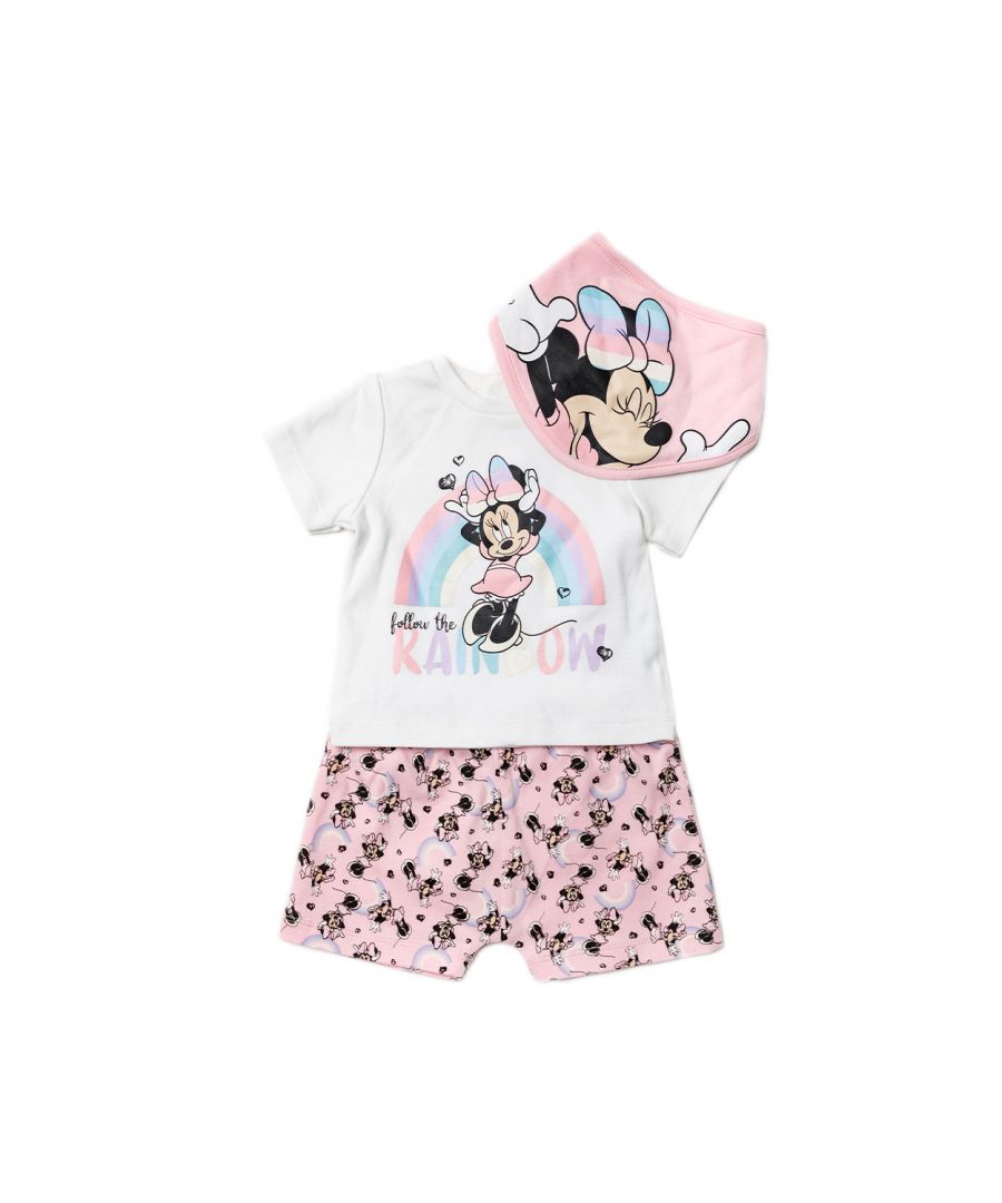 This adorable Disney Baby three-piece set features a rainbow themed Minnie Mouse print. The set includes a printed t-shirt, a pair of baby-pink, all-over print shorts and a matching bib! Each item in the set is cotton, keeping your little one comfortable. This would be a lovely gift or addition to your little ones wardrobe!