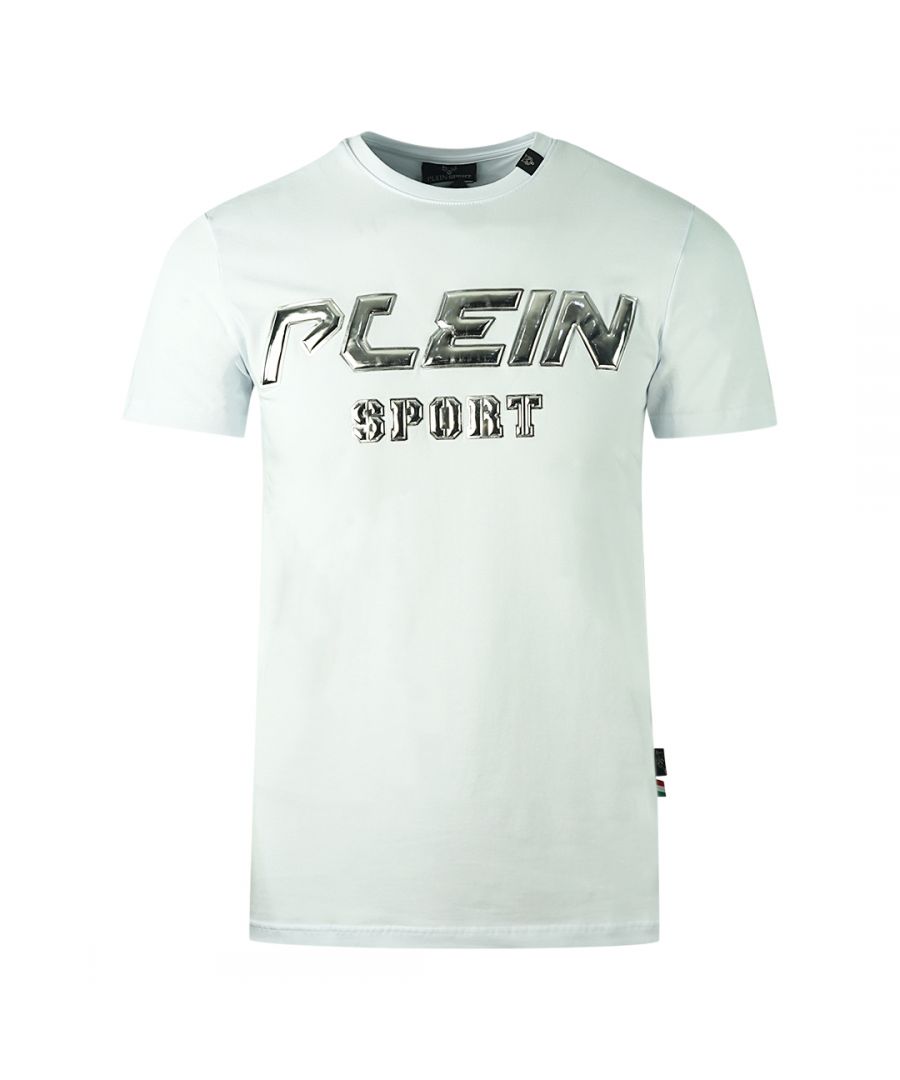 Philipp Plein Sport wit T-shirt met zilveren logo. Philipp Plein Sport wit T-shirt. Elastische pasvorm 95% katoen, 5% elastaan. Gemaakt in Italië. Badges met Plein-logo Stijlcode: TIPS109 01
