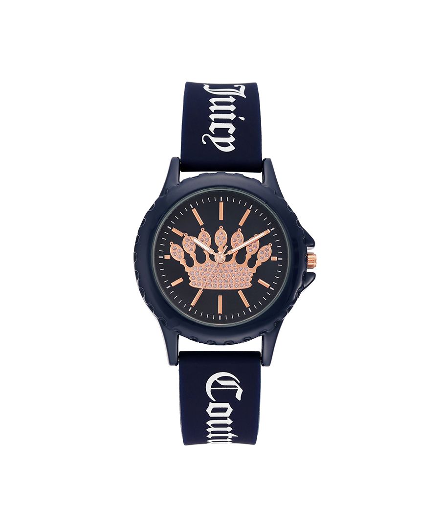 Juicy Couture Watch JC/1324NVNV\nGender: Women\nMain color: Blue\nClockwork: Quartz: Battery\nDisplay format: Analog\nWater resistance: 0 ATM\nClosure: Pin Buckle\nFunctions: No Extra Function\nCase color: Blue\nCase material: Metal\nCase width: 38\nCase length: 38\nFacing: Rhine Stone\nWristband color: Blue\nWristband material: Silicon/Rubber\nStrap connecting width: 18\nWrist circumference (max.): 21.5\nShipment includes: Watch box\nStyle: Fashion\nCase height: 9\nGlass: Mineral Glass\nDisplay color: Blue\nPower reserve: No automatic\nbezel: none\nWatches Extra: None