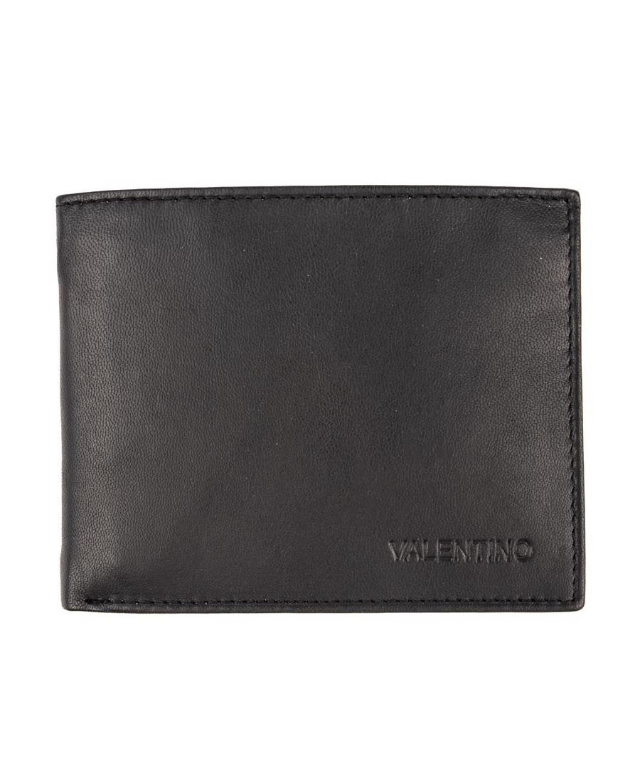Mens black Valentino Bags adrian wallet, manufactured with leather. Featuring: front branding, six card sections, twin note compartments, presentation box and height 9cm x width 11cm.
