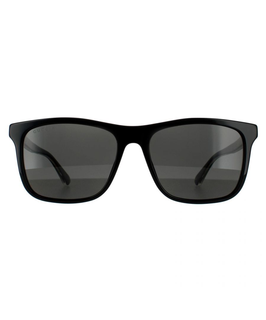 Gucci Rectangle Mens Black Grey Polarized Sunglasses Gucci are a simple and stylish rectangular style for men. Gucci's signature green and red stripe can be found on the temples, with the brand's text logo and metal detailing down to the temple tips. Easy to wear and flattering for most face shapes, these are a great addition to any summer wardrobe!
