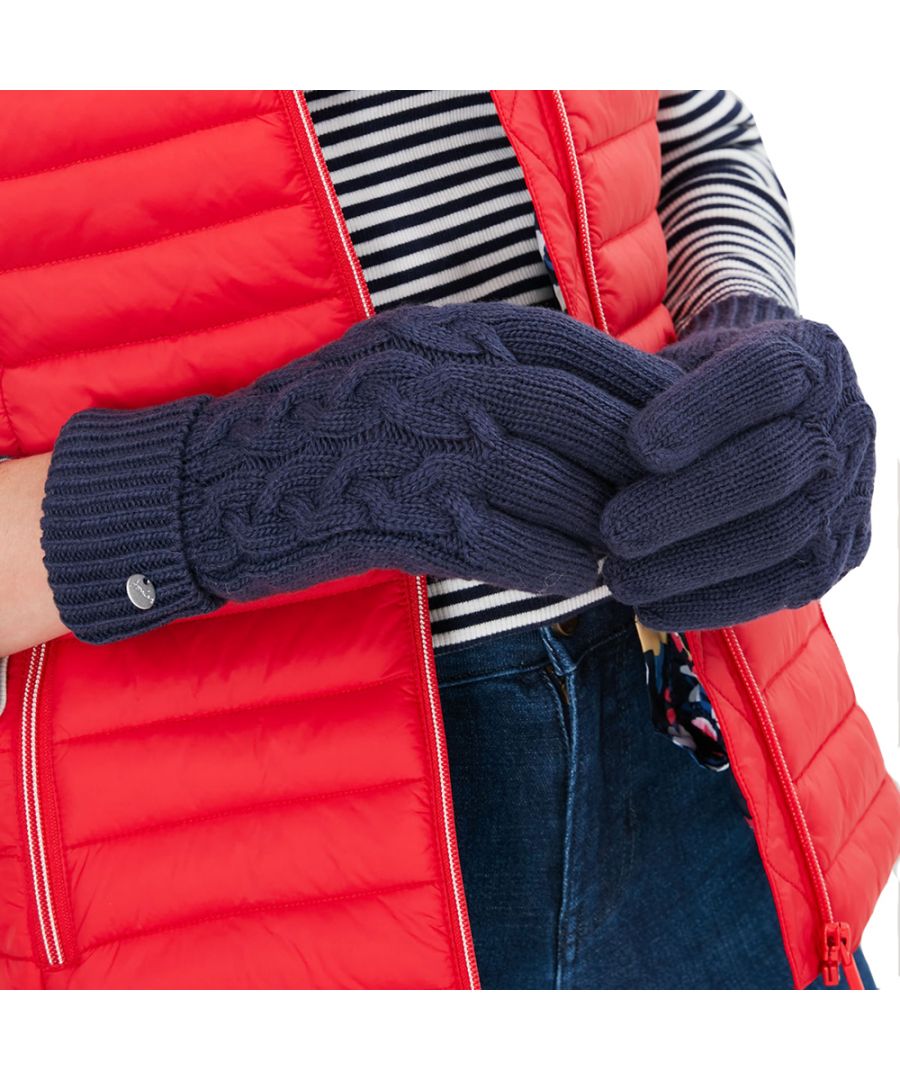Womens blue Joules elena gloves, manufactured with polyamide. Featuring: chunky knit, turn cuff, silver hardware branding and one size.