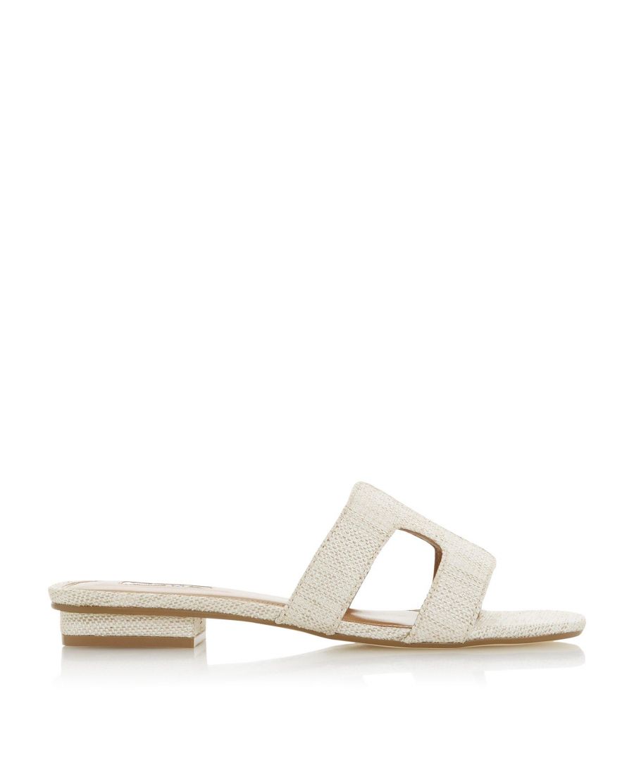 Stay smart and stylish this summer with Dune London's Loupe slider sandal. Featuring a cut out design with contrast stitching and a low block heel. An open sandal toe and resin sole complete the striking shoe.