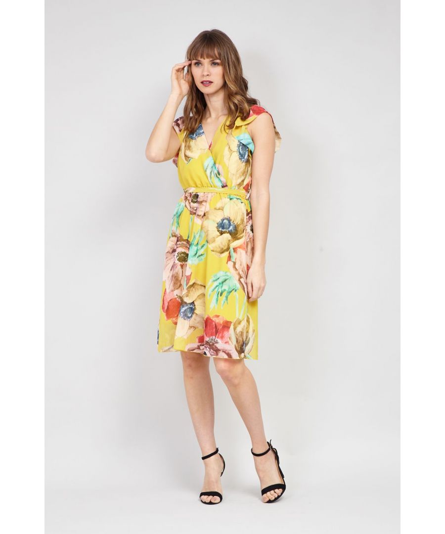 Add a colour pop to your going out wardrobe with this floral print skater dress. With a v-neck, wrap front, frilledCap Sleeves and a tie waist. Wear with nude barely-there heels.