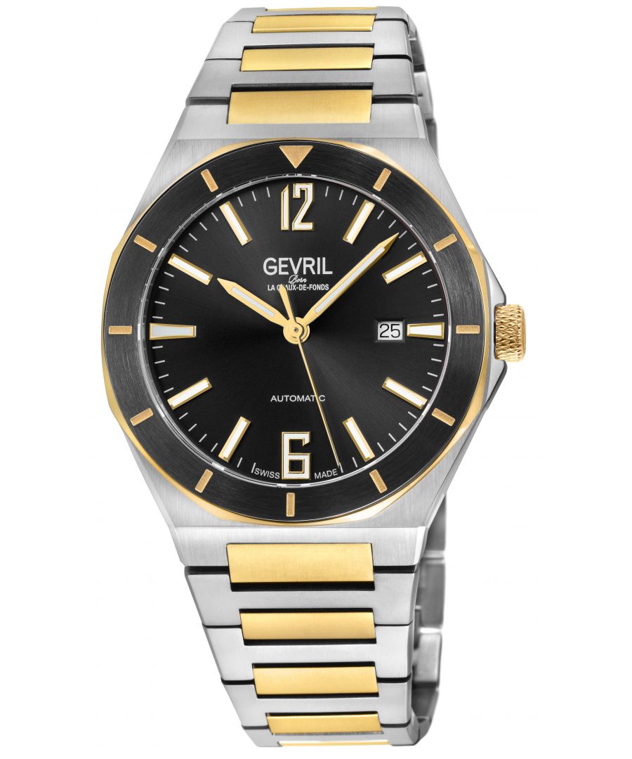Like a moment of solitude amongst the chaos, Gevril’s High Line Collection is an automatic timepiece with historical roots and sound modern design. Named after Manhattan’s historical High Line park – a nearly 1.5 mile elevated sanctuary of greenery built on a historic steel railway – this collection inspires the cool, calm and collected feel of a walk in the park.   With clean lines and an expert use of space, the High Line collection features Swiss automatic movement encased by 43mm of pure stainless steel. The unencumbered watch face in Forest Green, Navy, Black, Brown or Silver implies that simplicity well constructed is not to be underestimated. The sunray dial, an ode to the outdoor greenway, and a dark colored bezel reminiscent of the original West Side railway add solid touches to structural integrity. Numbers 6 and 12 on the dial denote the middle and end of the path while the date viewing window at 3 evokes memories of overlooking 10th Avenue.   A modern take with historical references, this collection is elevated and understated – if relaxed and sharp were a watch, the High Line would be it. Because architecture doesn’t have to be complicated to be monumental: the High Line collection. \nGevril 48406B Men's High Line Swiss Automatic Watch\nGevril Men's Automatic Watch from the High Line Collection\n43mm Round 316L Stainless Steel Case, Black Bezel, Black Sunray Dial\nPush/Pull Crown, Date at 6:00\nExhibition Case back\nTwo toned 316L Stainless Steel IPYG Bracelet with Deployment Buckle\nAnti-reflective Sapphire Crystal\nWater Resistant to 100 Meters/10ATM\nSwiss Automatic, SW200 Movement