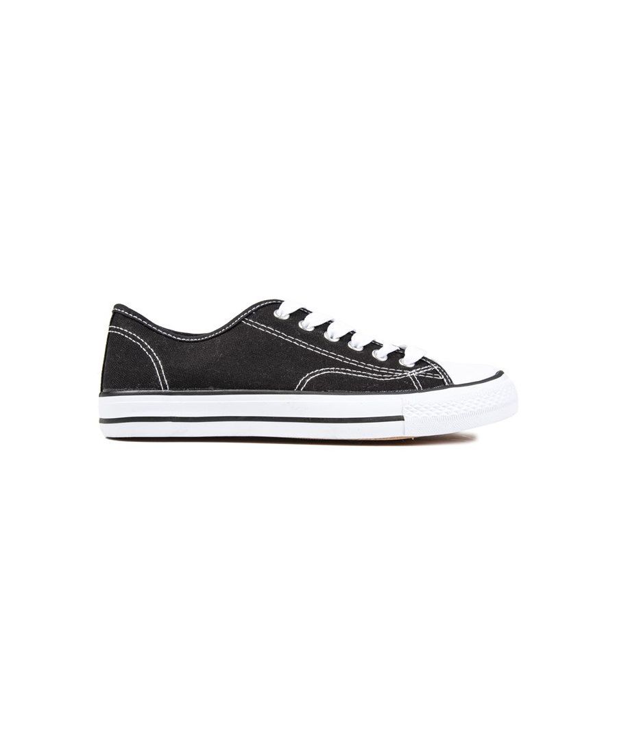 Women's Leanne Lace-up Trainers By Falcon Display Vintage 'old-skool' Chic In A New Design. Featuring A Black Canvas Upper, White Vulcanised Sole, Iconic Rubber Toe Cap And Silver Metal Eyelets, This Cult Design Is A Classic Staple, Not To Be Missed In Any Casual Wardrobe.