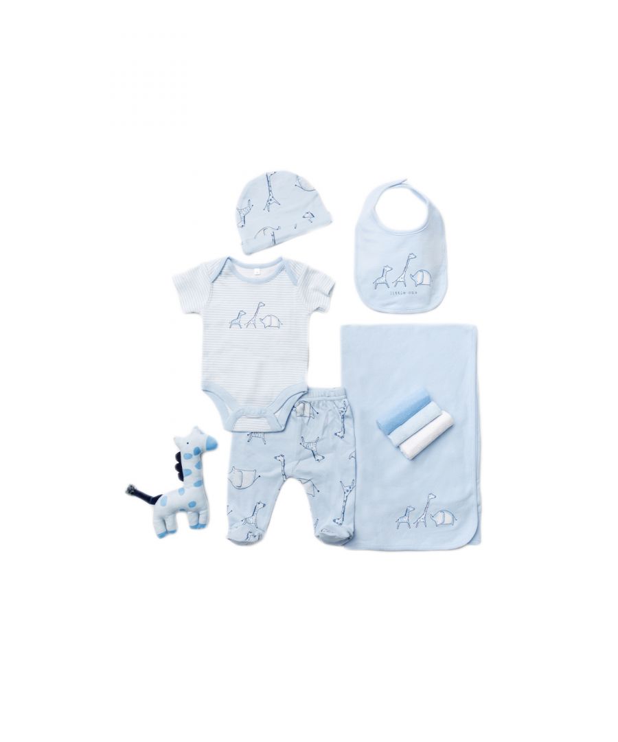 This Rock a Bye Baby Boutique ten-piece set features an adorable animal theme print on each item. The set includes striped bodysuit with an animal motif, footed joggers and hat, a hooded blanket, a matching bib, and a cuddly giraffe toy, and three washcloths. The set also comes with a matching gift tag, to add a personal touch. Each item in the set is cotton with popper fastenings, keeping your little one comfortable. This set is the perfect gift set for the little one in your life.