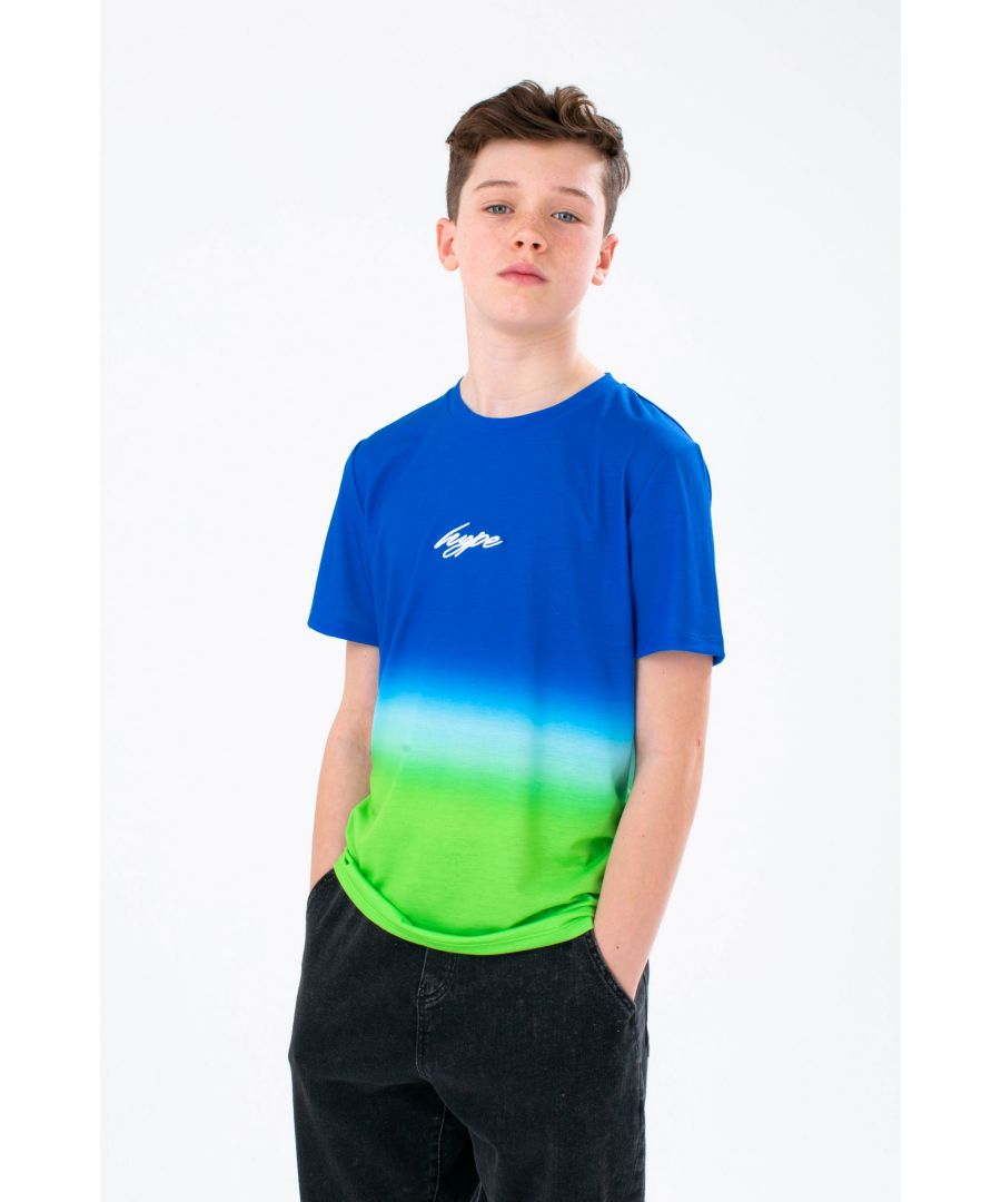 Make a statement in the HYPE. Boys Blue to Green Script T-Shirt. Designed in our standard kids tee shape with a soft touch fabric base for the ultimate comfort. Featuring an all-over blue to green fade print and the HYPE. mini logo. Finished with a crew neckline and short sleeves. Wear with jeans and jacket for a casual-smart fit or joggers for a casual look. Machine wash at 30 degrees.
