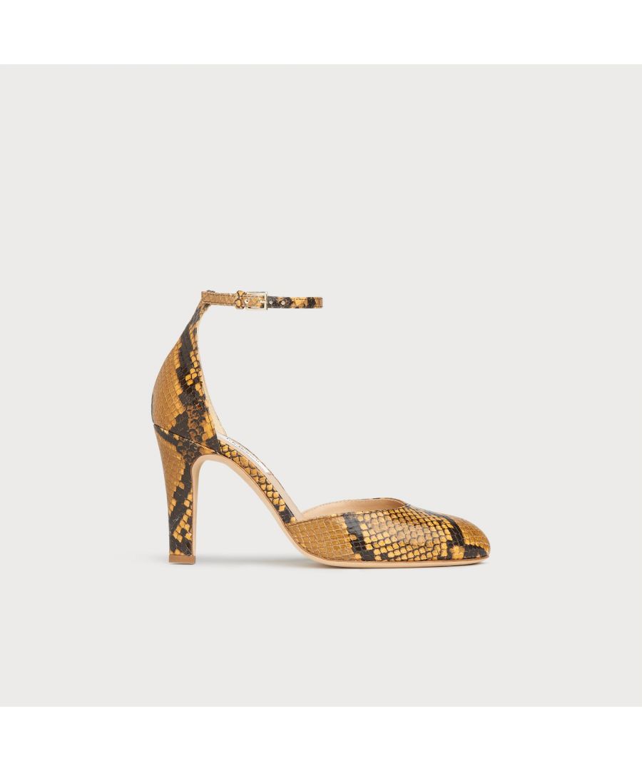 A modern interpretation of the Thirties' influences that inspired our autumn/winter collection, Xandra is a playful everyday shoe. Sleek and stylish, these two-part courts are crafted in Spain from statement yellow snake print leather and have rounded toes, a slender yet substantial heel and are finished with a delicate ankle strap. Wear them with socks, your favourite midi dress and a ladylike handbag.