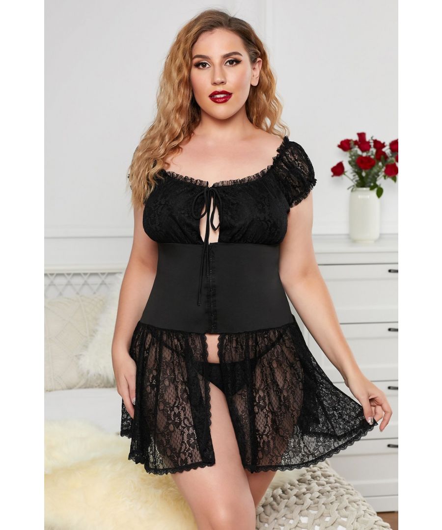 Image for Azura Exchange Black Girdle Lace Mesh Plus Size Chemise with Frill Trimming