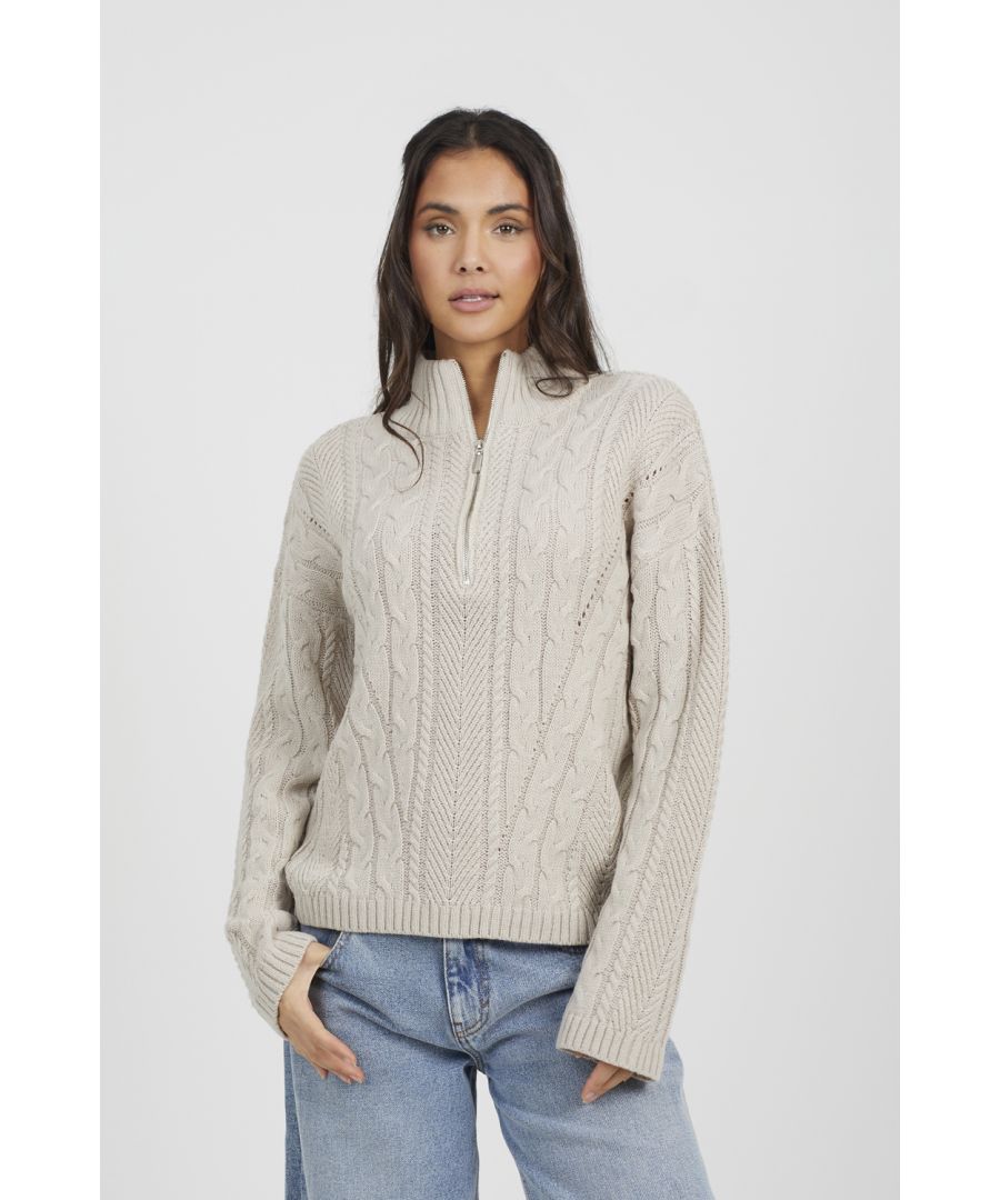 Brave Soul Womens Stone Half Zip Cable Knit Jumper - Size X-Large