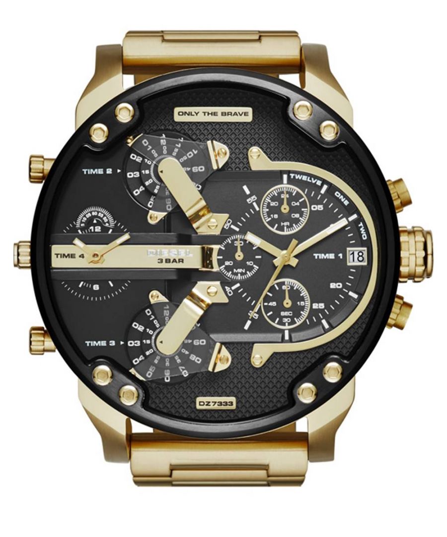 Diesel DZ7333 DADDY 2.0 watch. Oversized watch has a PVD Gold stainless steel case and is fitted with an analogue chronograph quartz movement. It is complete with a PVD stainless steel bracelet and has a black dial. Free Standard Shipping EAN 4053858414495