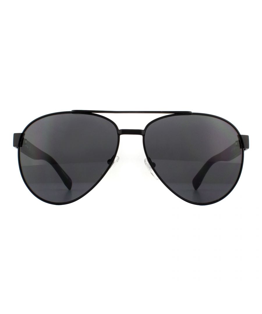 Lacoste Sunglasses L185S 001 Matte Black Grey are a classic pilot style with double bridge and thick plastic arms featuring the ubiquitous Lacoste alligator logo at the temples.