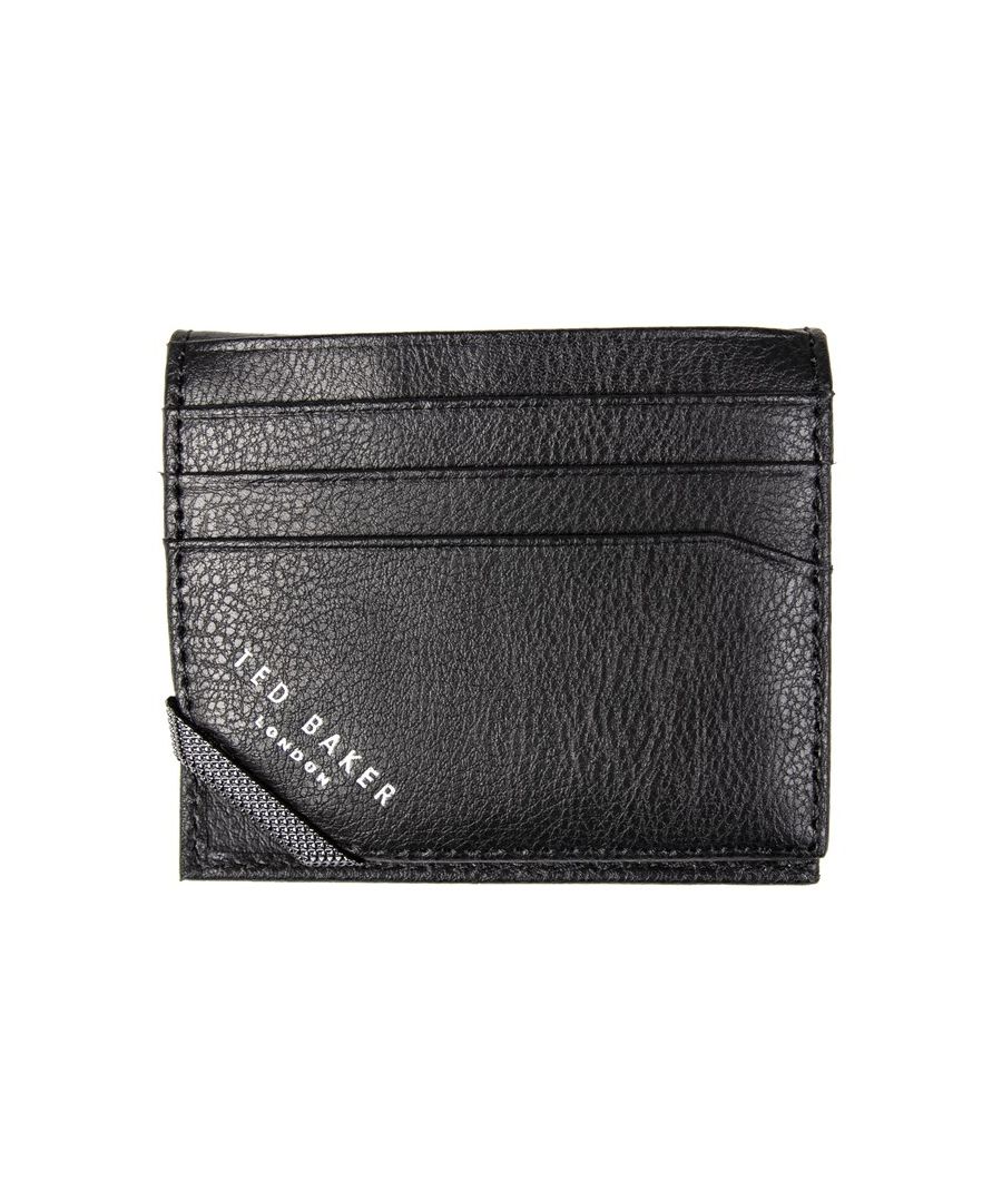 Mens black Ted Baker peek card holder, manufactured with leather. Featuring: bifold design, 12 card sections, ted branding, presentation box and height 8cm x width 10cm x depth 1cm.