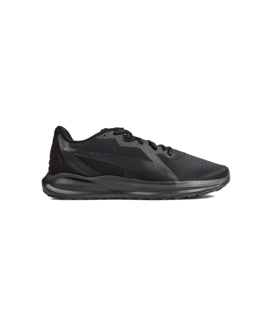 Mens Puma Twitch Runner Running Shoes in black.- Textile upper.- Lace up fastening.- SoftFoam+ technology.- Midfoot internal lockdown technology.- Bounce with a block colour design.- Modern silhouette with Puma branding to the sides and tongue.- Cushioned insole.- EVA midsole.- Grippy Zoned rubber outsole.- Textile upper and lining  Synthetic sole.- Ref: 37628910