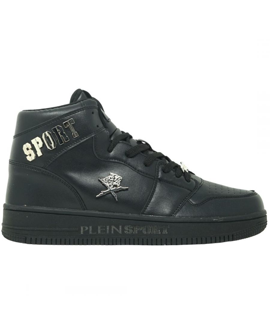 Philipp Plein Sport Logo zwarte hoge sneakers. Hi-Top-stijl. Rubberen zool, bovenwerk van 100% textiel. Metalen branding. Stijlcode: SIPS724 99