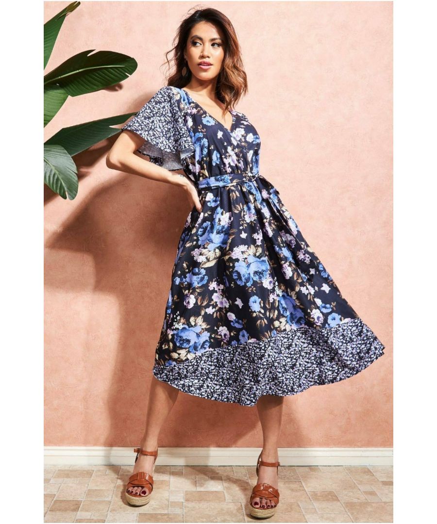 Goddiva Womens Flutter Sleeve Printed Midi Dress - Navy - Size 14 UK