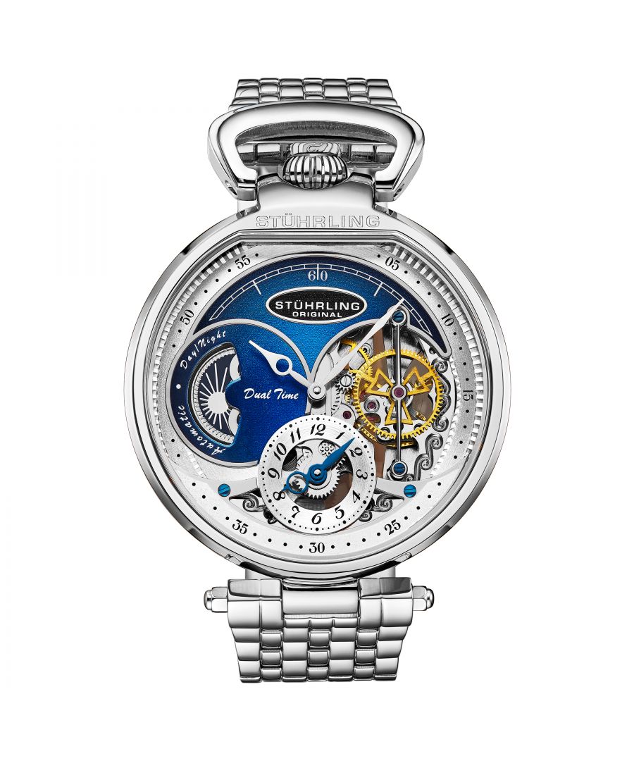 Men's Automatic Dual Time; Stainless Steel Case; Silver And Blue Skeleton Dial; Silver Hands; Stainless Steel Bracelet