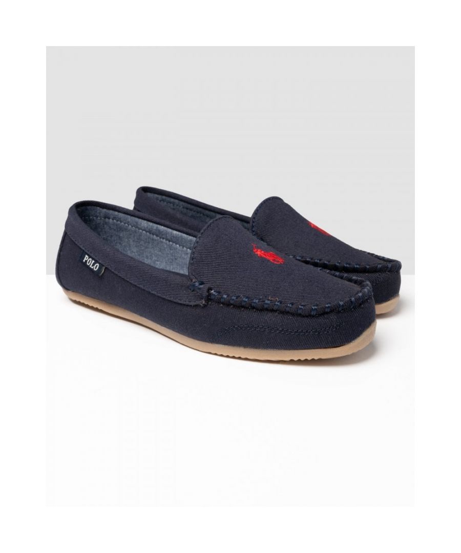 Women's moccasin slippers with embroidered Polo Pony logo. 