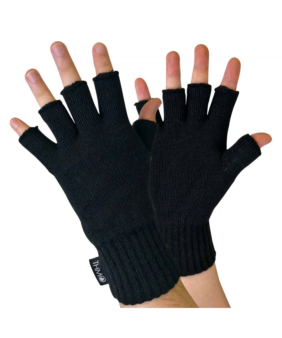 Mens THMO Fingerless Gloves  Gloves that keep you hands warm as well as giving you the flexibility and grip to operate as normal is a great combination. This is why THMO offers these thermal fingerless Gloves, Gloves that keep your hands warm whilst you work, drive or do any other activities where you need to use your hands.  These Gloves have two layers built into them to facilitate the process of keeping your hands warm. The outer layer is knitted made with 100% acrylic and is there to protect your hands from cold elements like snow, ice and hale. The inner lining is made with 3M 40g Thinsulate lining. Thinsulate is well known for keeping your hands warm and is considered one of the most effective linings. The purpose of the lining is to hold warm air inside the Gloves and to keep the hot air close to your skin. The ribbed cuff on the Gloves is tight enough to stop the warm air escaping but not too tight to be uncomfortable.  This THMO fingerless Gloves version is in addition to the THMO full finger version. The fingerless part of the glove is turned and knitted with care so that they won't unravel easily. Having your fingers free will make it easier to do outdoor activities, work, drive, walk the dog or anything else that will keep your hands warm whilst increasing the breathability and keeping the freedom of your fingers. They also have the THMO badge stitched onto the side of the cuff.  These THMO fingerless Gloves are made from 100% acrylic and have thinsulate lining implemented into them. They are available in black and 2 sizes in M/L & L/XL. They are safely machine washable.  Extra Product Details  - THMO - Mens Fingerless Gloves - 100% Acrylic - 3M Thinsulate Lining - Expert Insulation - Secure Cuff - 2 Sizes M/L & L/XL - Black - Machine Washable