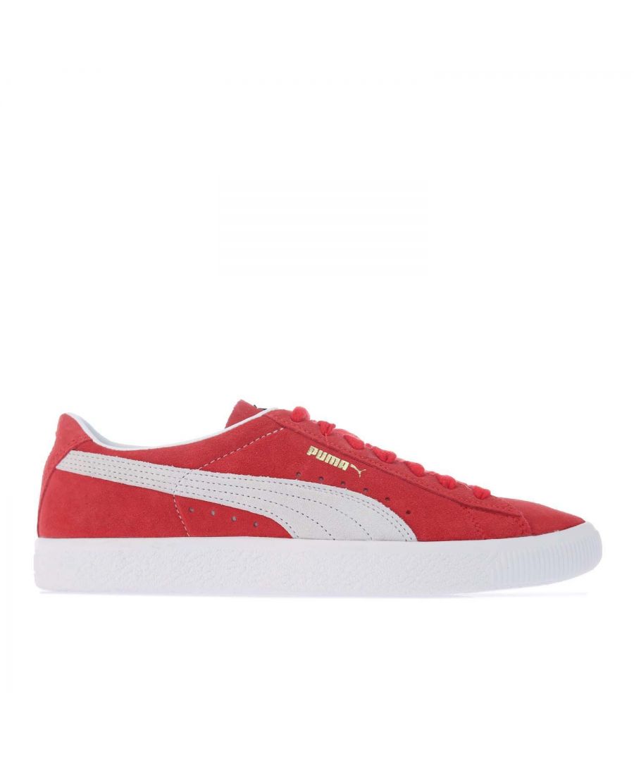 Puma Suede VTG Trainers in red- white.- Leather and Suede upper.- Lace fastening.- Round toe.- Classic PUMA Formstrip down the sidewalls.- Branded insole.- Rubber outsole.- Leather and Suede Upper  Leather Lining  Synthetic Sole.- Ref: 37492106