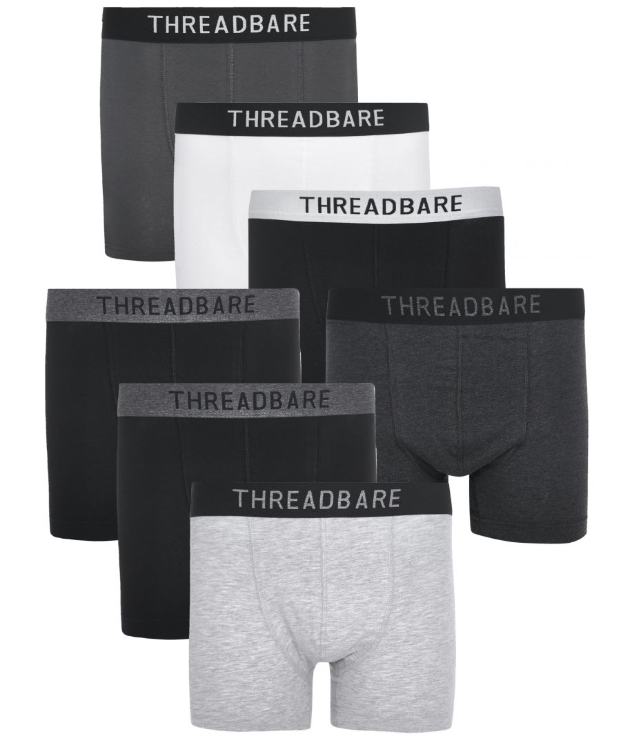 Refresh your everyday essentials with this monochromatic 7 pack of hipsters from Threadbare. They are made from a cotton stretch fabric for exceptional comfort and feature signature Threadbare logo along the elasticated waistband. Other designs and styles available.