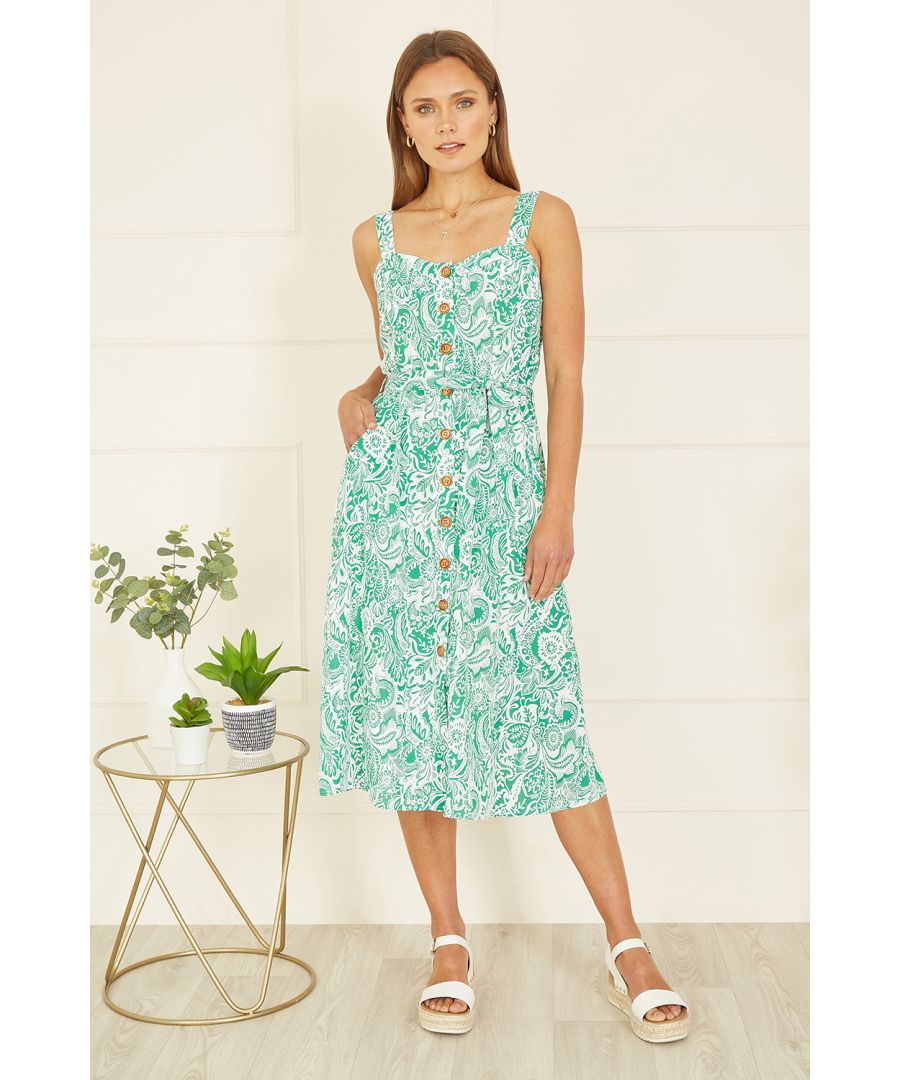 Yumi Womens Green Paisley leaf Print Midi Sundress - Size 16 UK