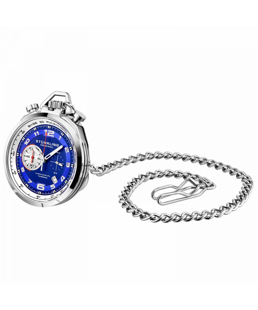 Men's Chrono Pocket Watch with stand, Silver Case, Silver Bezel, Blue Dial With Red Accents, Silver Luminous Hands And Markers