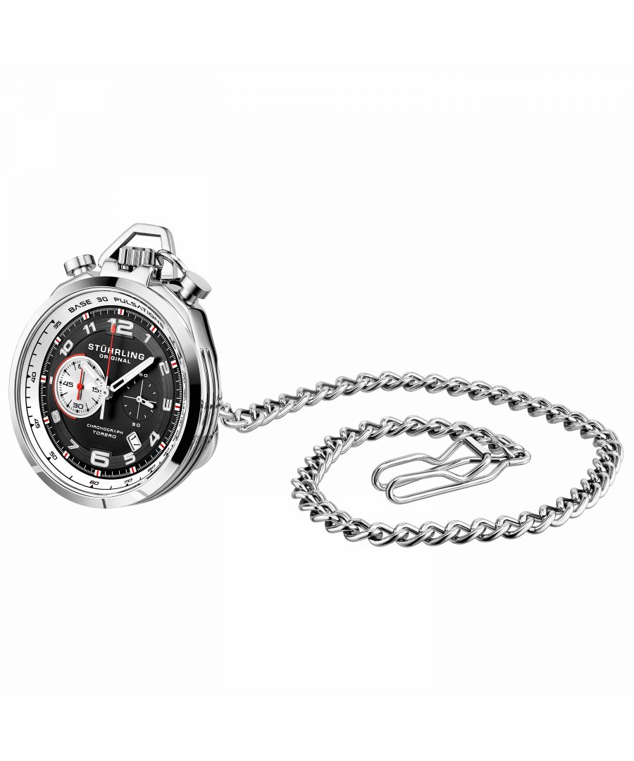 Men's Chrono Pocket Watch with stand, Silver Case, Silver Bezel, Black Dial With Red Accents, Silver Luminous Hands And Markers