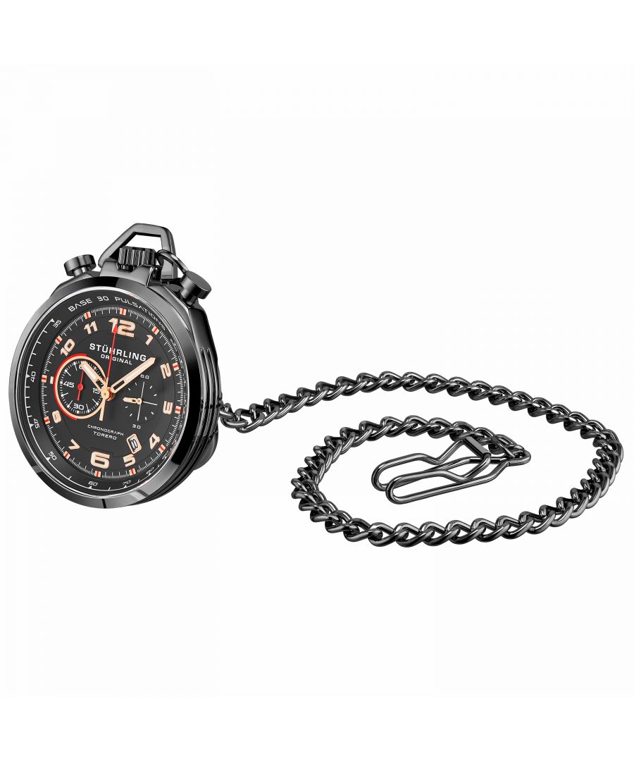 Men's Chrono Pocket Watch with stand, Black Case, Black Bezel, Black Dial With Red Accents, Rose/Gold Toned Luminous Hands And Markers