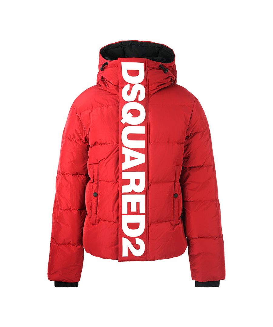 Dsquared2 Large Vertical Logo Red Down Jacket. D2 S71AN0244 S53353 308 Down Jacket. Zip Closure, Large Vertical Branding. Regular Fit, Fits True To Size. Jacket Filling 90% Duck Down, 10% Duck Feathers. Front Pockets, Hooded Jacket